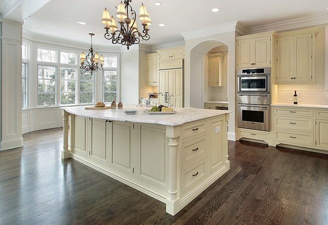 close-up of textured laminate floors in a kitchen in Montgomery Village, MD